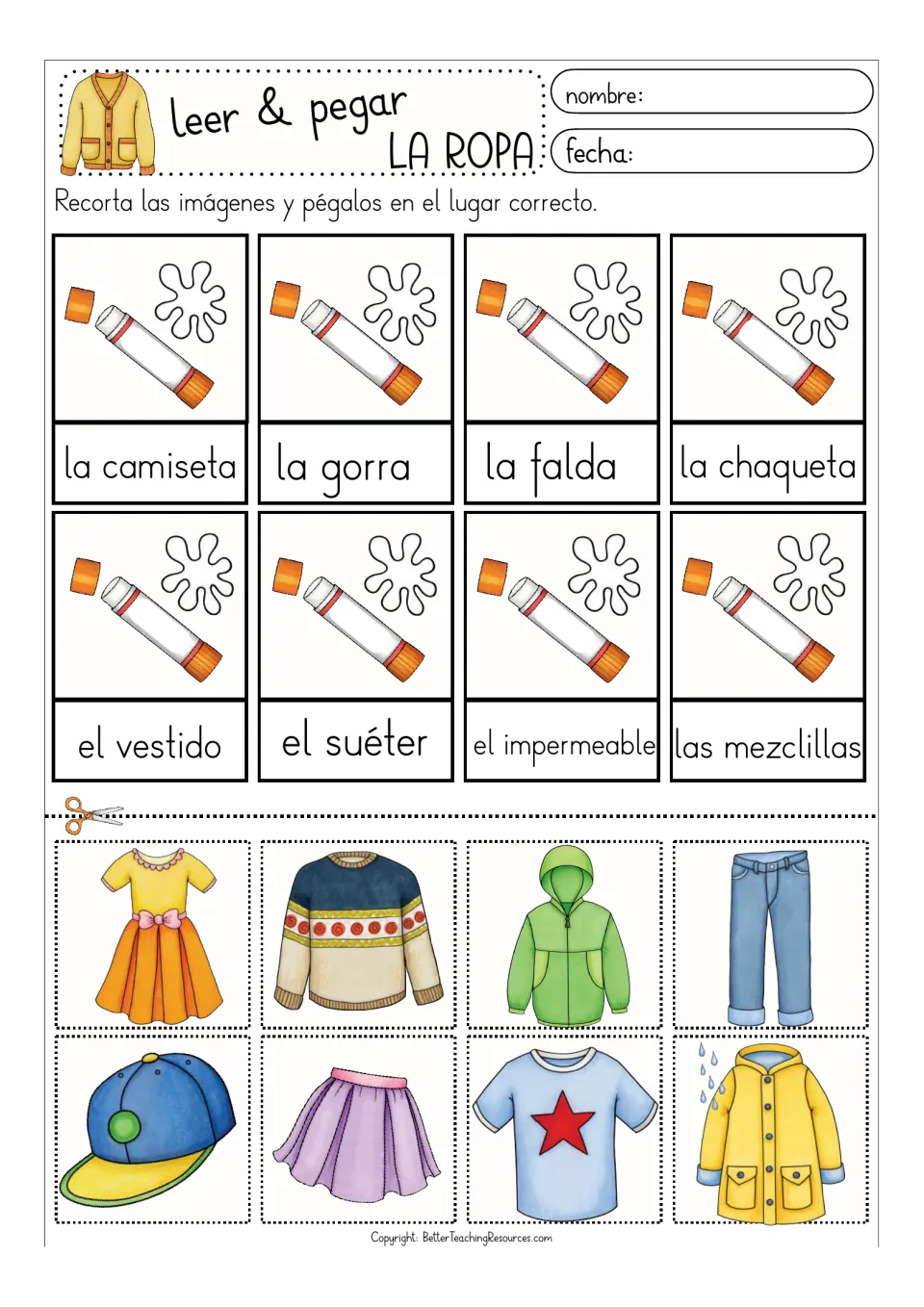 Color clothing matching sheet: la camiseta (T-shirt), la gorra (cap), la falda (skirt), and five more