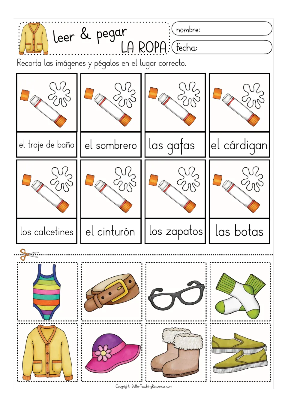 Color clothing matching sheet: el traje de baño (swimsuit), el sombrero (hat), las gafas (glasses), and five more