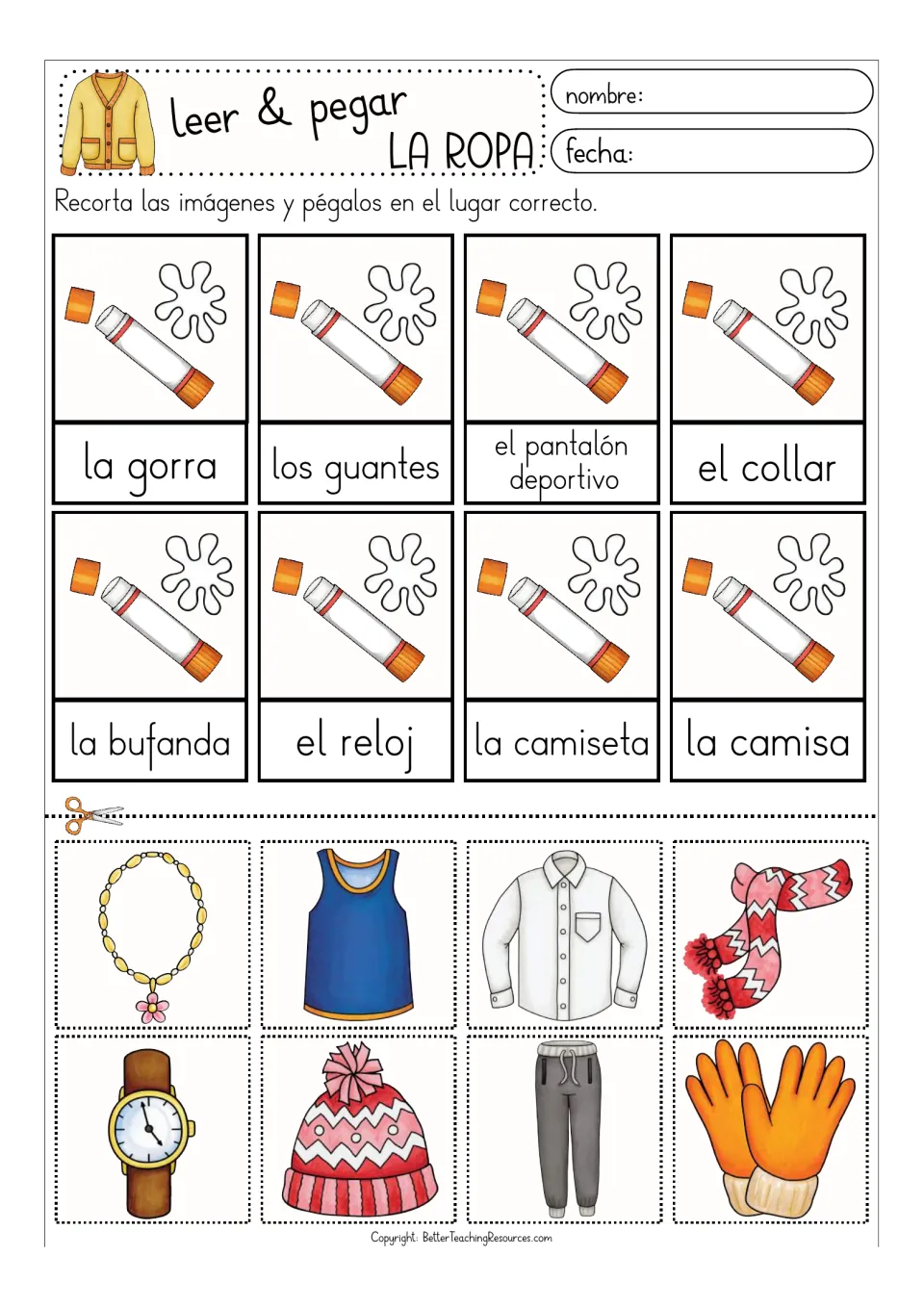 Color clothing matching sheet: los guantes (gloves), el collar (necklace), la bufanda (scarf), and five more