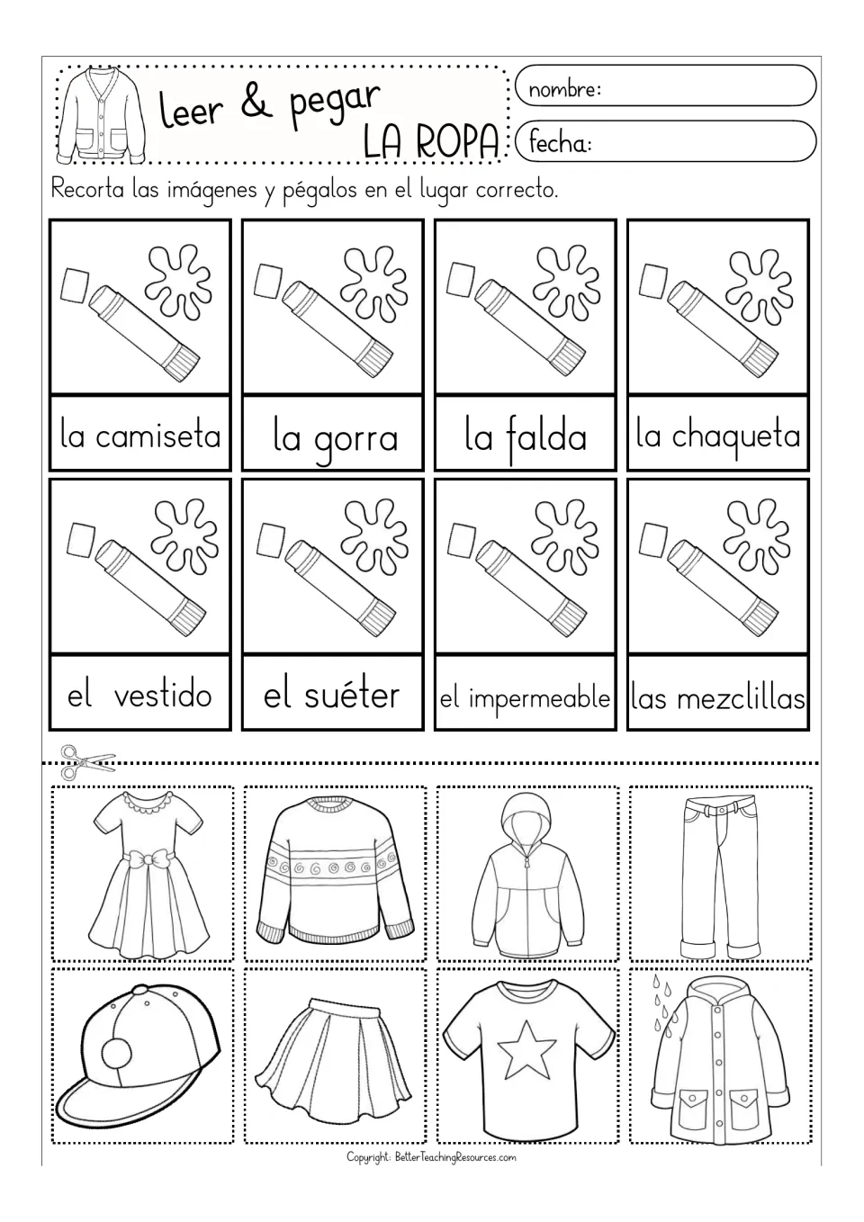 Black-and-white clothing matching sheet: el vestido (dress), el suéter (sweater), and six more to cut and paste