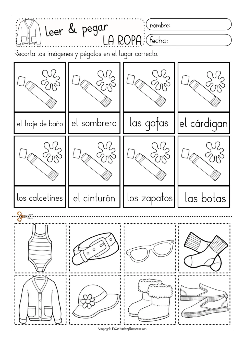 Black-and-white clothing matching sheet: los calcetines (socks), el cinturón (belt), and six more
