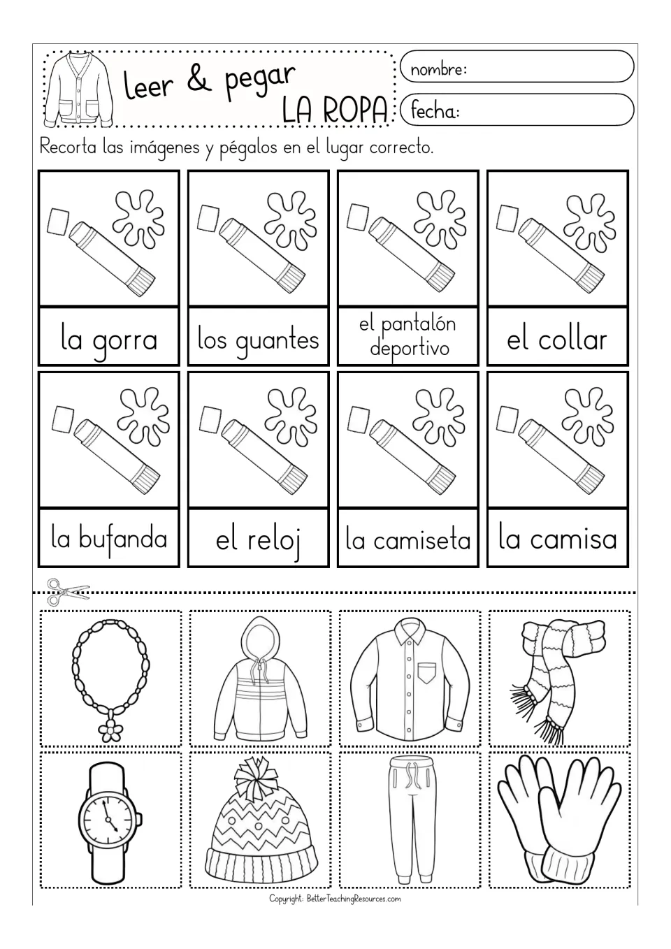 Black-and-white clothing matching sheet: el reloj (watch), la camisa (shirt), and six more labels