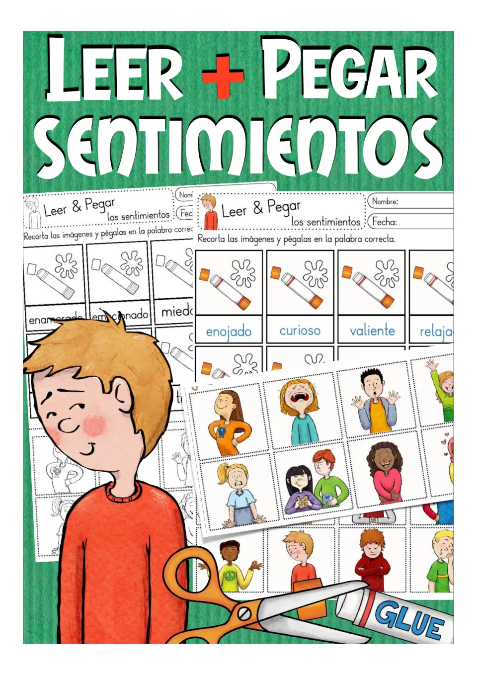 Cover of the Spanish feelings cut-and-paste resource, titled Leer + Pegar Sentimientos (Read + Paste Feelings)