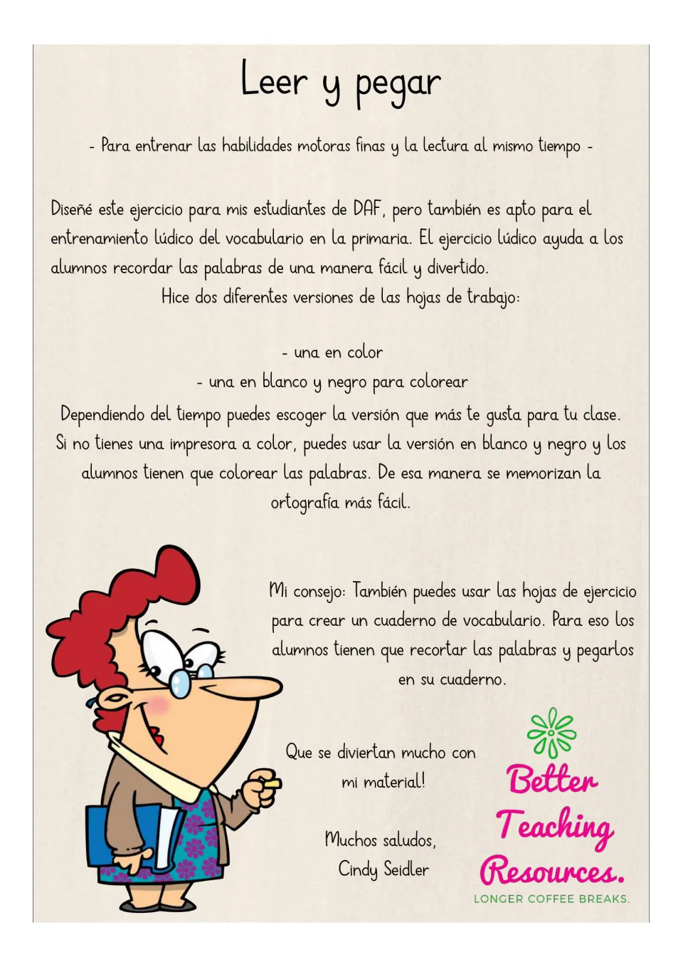 Teacher directions for Spanish vocabulary matching, explaining color and black-and-white versions and notebook use