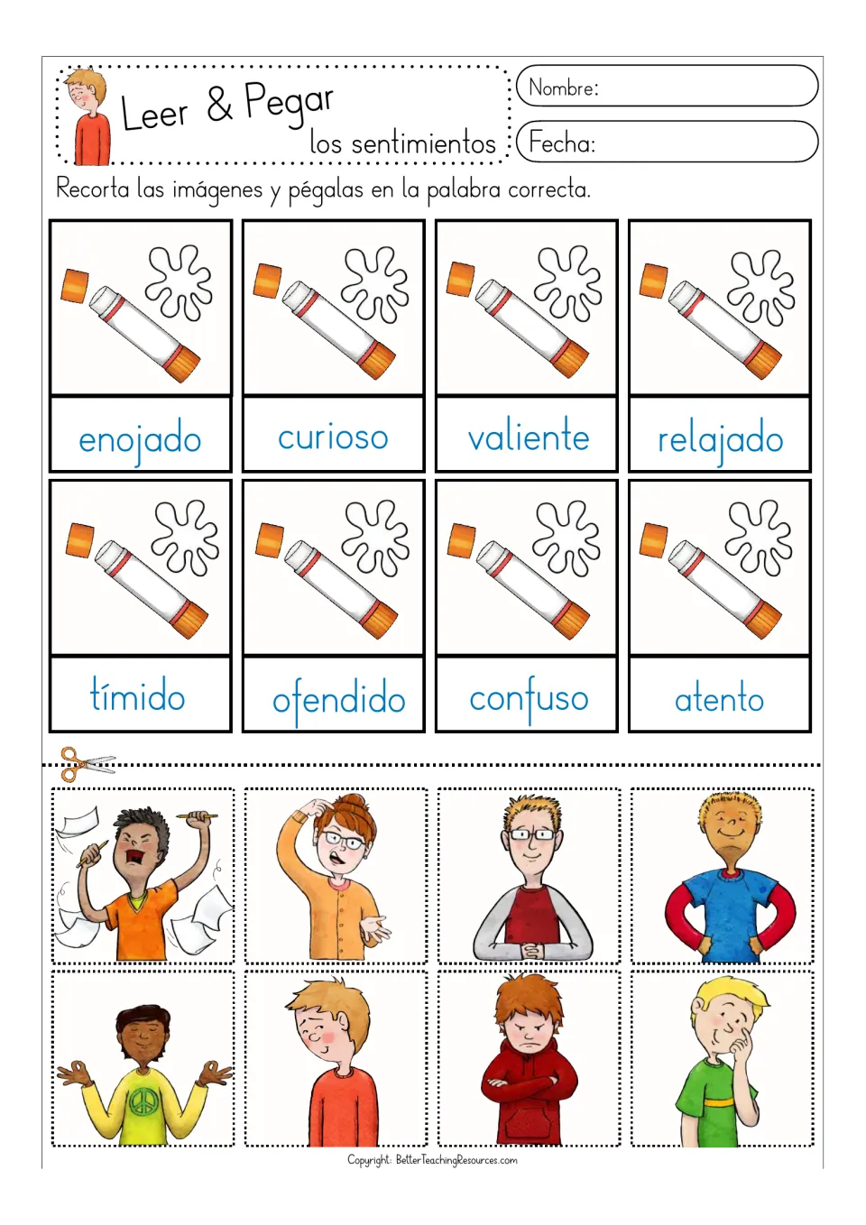 First color Spanish feelings activity: match eight pictures to words including enojado (angry) and curioso (curious)