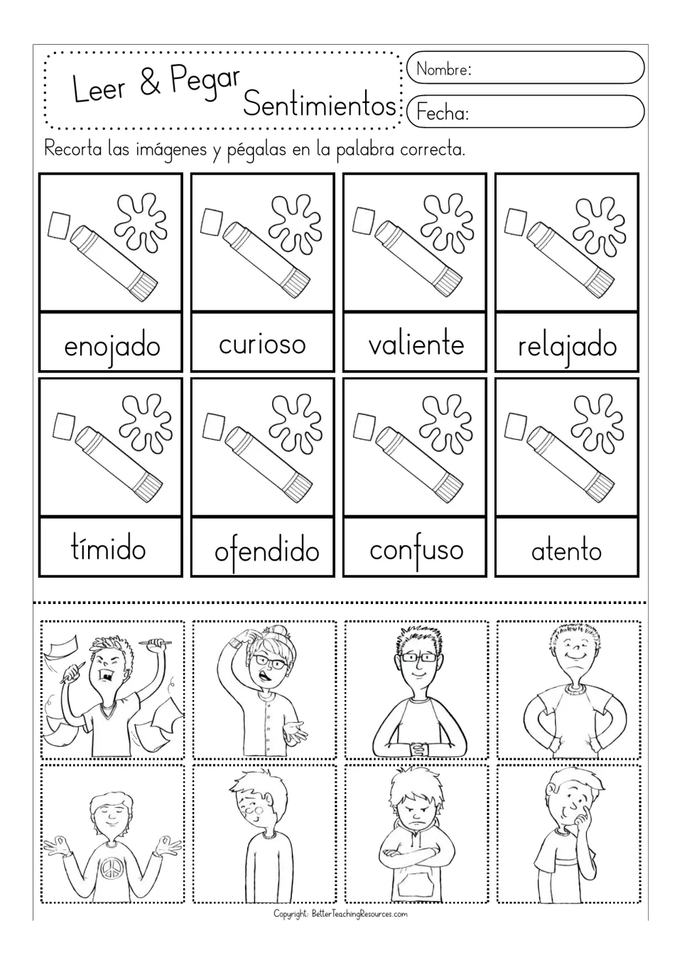 First black-and-white Spanish feelings activity: eight picture matches including valiente (brave) and tímido (shy)