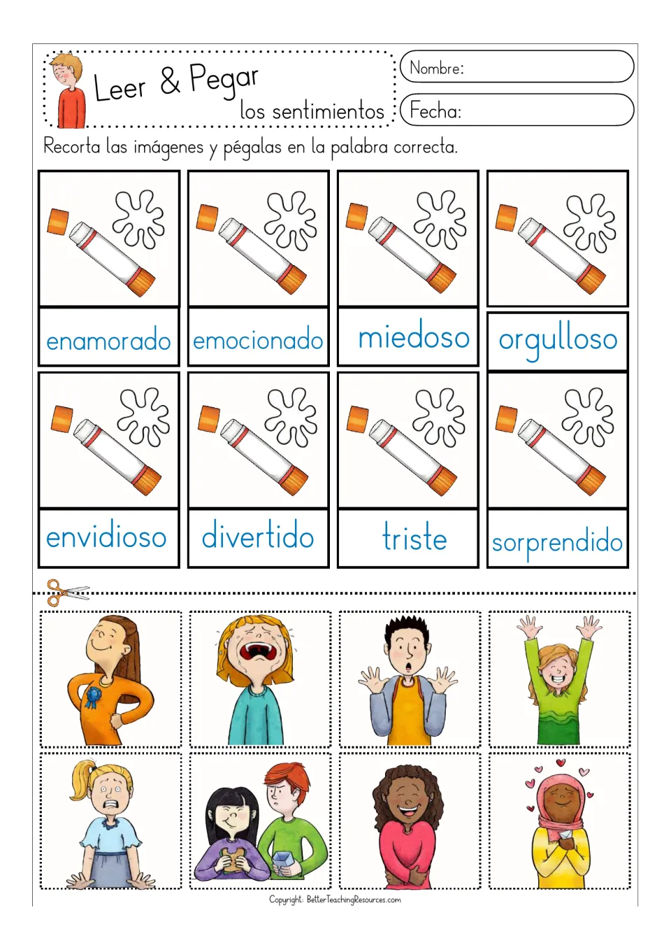 Second color Spanish feelings activity: eight picture matches including enamorado (in love) and triste (sad)