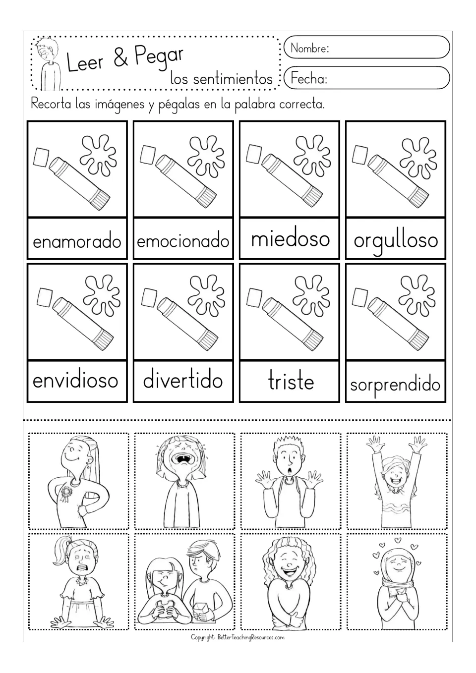Second black-and-white Spanish feelings activity: eight picture matches including miedoso (afraid) and triste (sad)