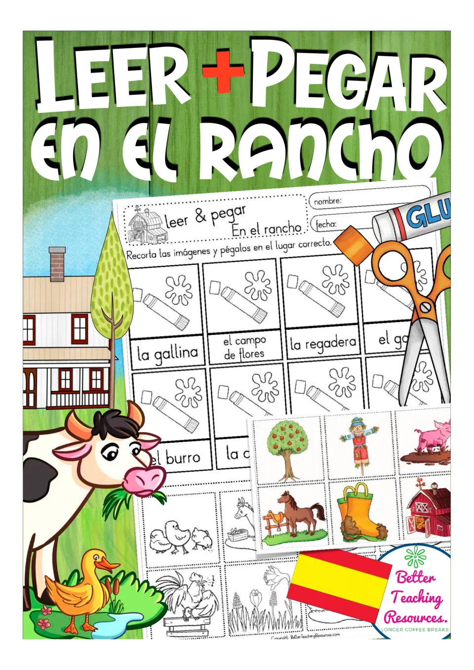 Cover of the Spanish ranch vocabulary cut-and-paste resource, titled 'Leer + Pegar en el Rancho'.