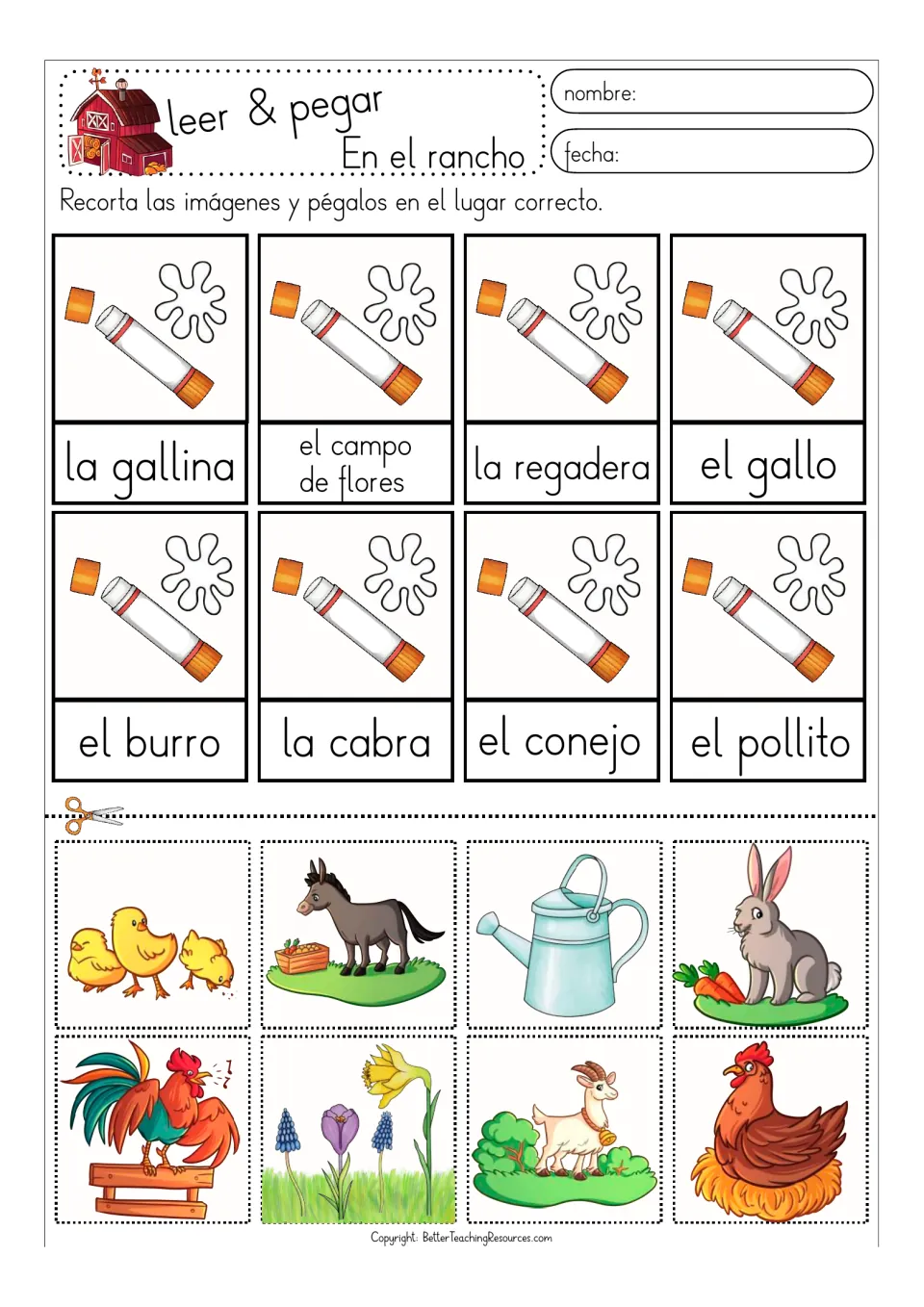 Color matching sheet 1: la gallina (hen), la regadera (watering can) and six more Spanish ranch terms.