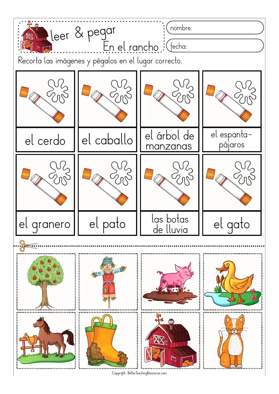 Color matching sheet 2: el cerdo (pig), el caballo (horse), el granero (barn) and five more ranch terms.