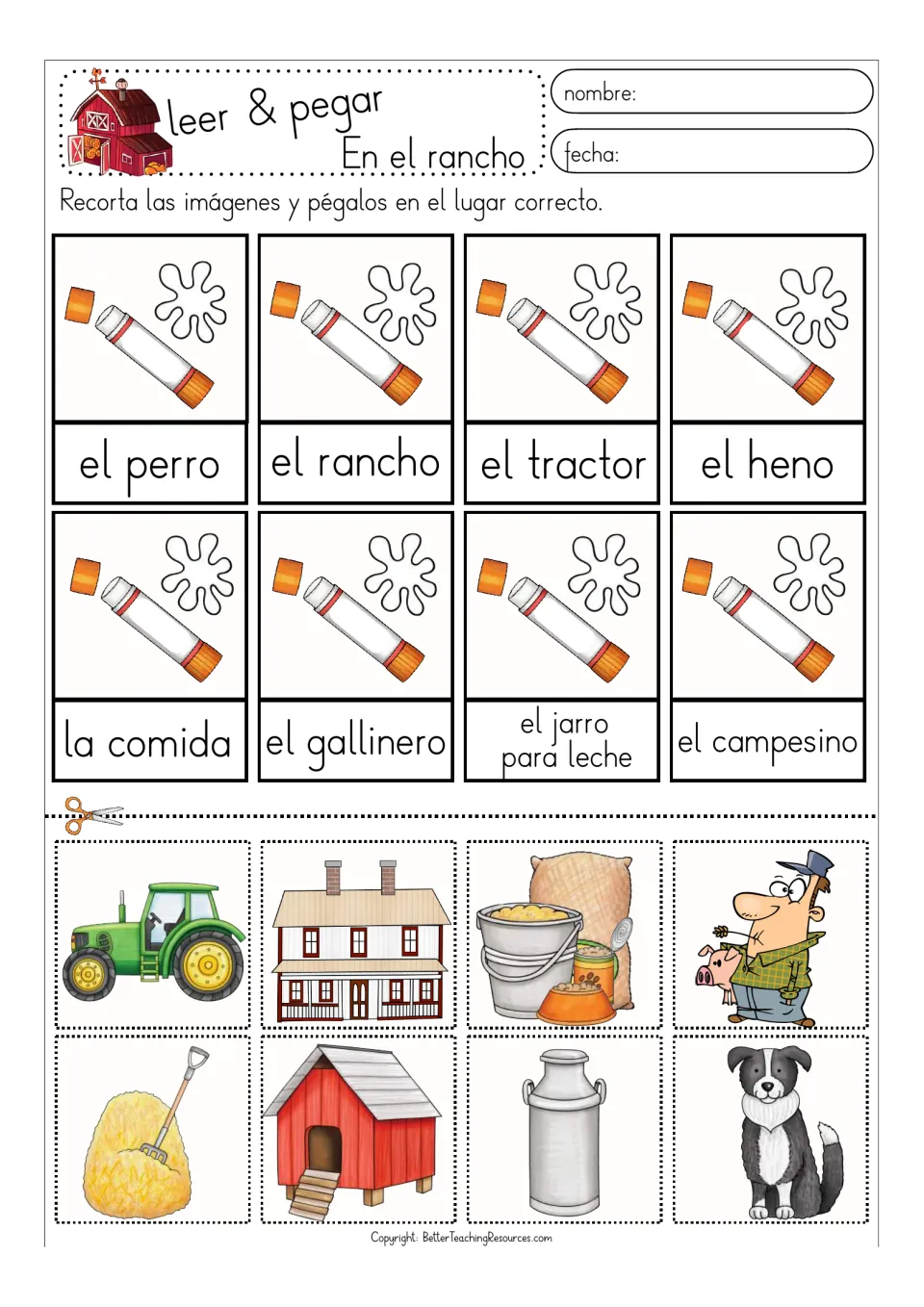 Color matching sheet 3: el perro (dog), el tractor (tractor), el heno (hay) and five more ranch terms.
