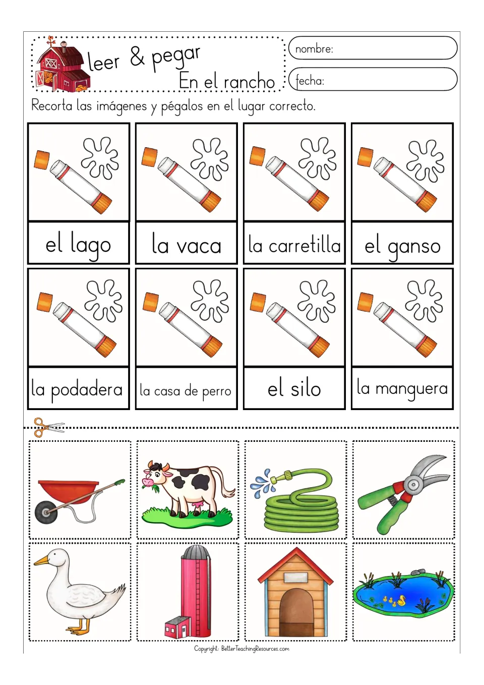 Color matching sheet 4: la vaca (cow), el ganso (goose), la manguera (hose) and five more ranch terms.