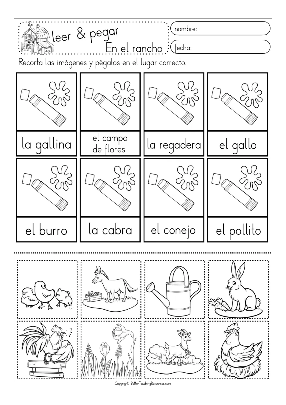 Black-and-white matching sheet 1: el burro (donkey), la cabra (goat) and six more ranch terms to match.