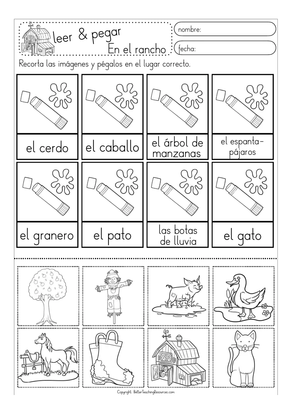 Black-and-white matching sheet 2: el pato (duck), el gato (cat) and six more ranch terms to match.