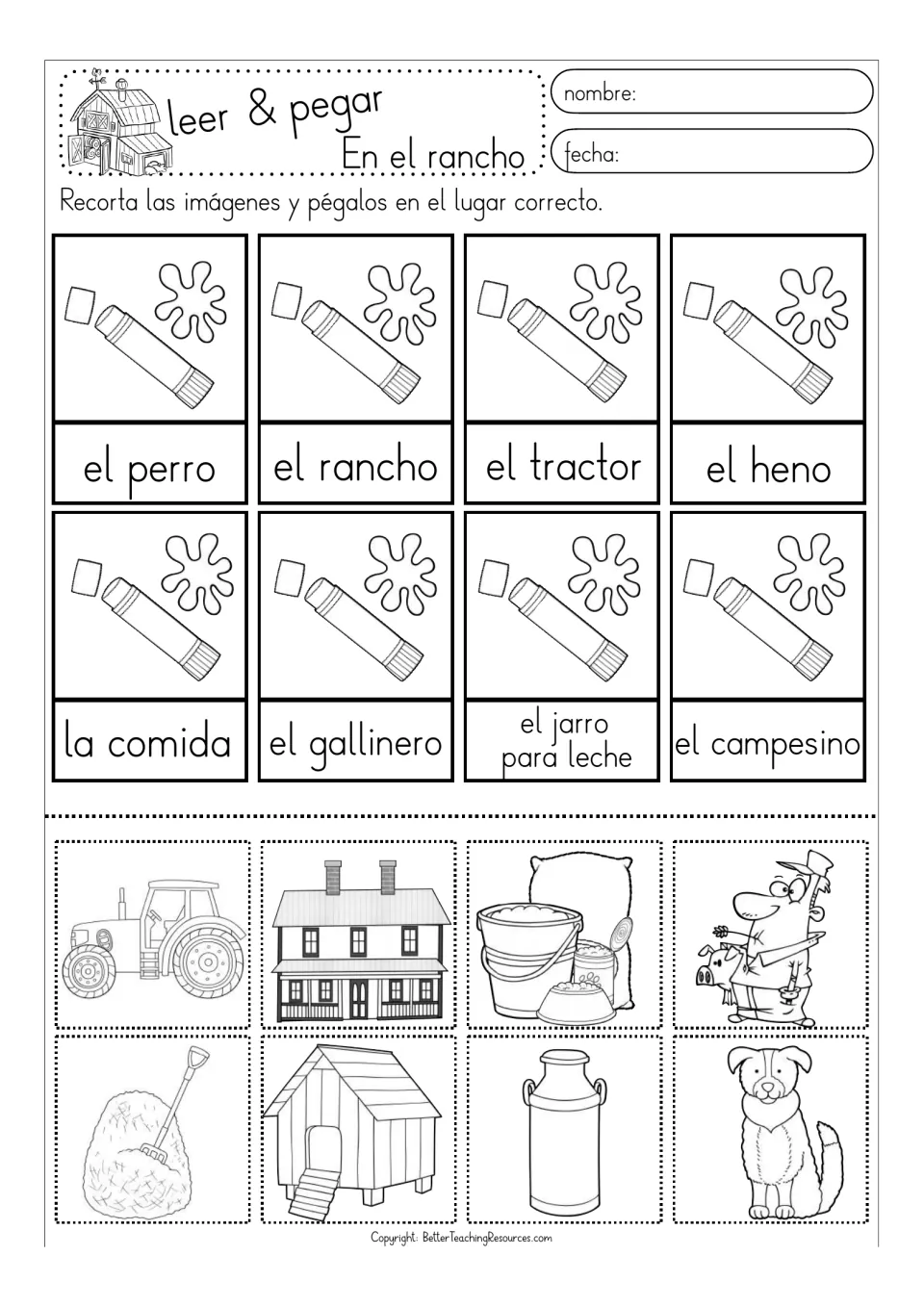 Black-and-white matching sheet 3: el heno (hay), el gallinero (chicken coop) and six more ranch terms.