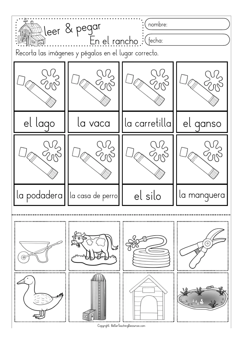 Black-and-white matching sheet 4: el lago (lake), la carretilla (wheelbarrow) and six more ranch terms.