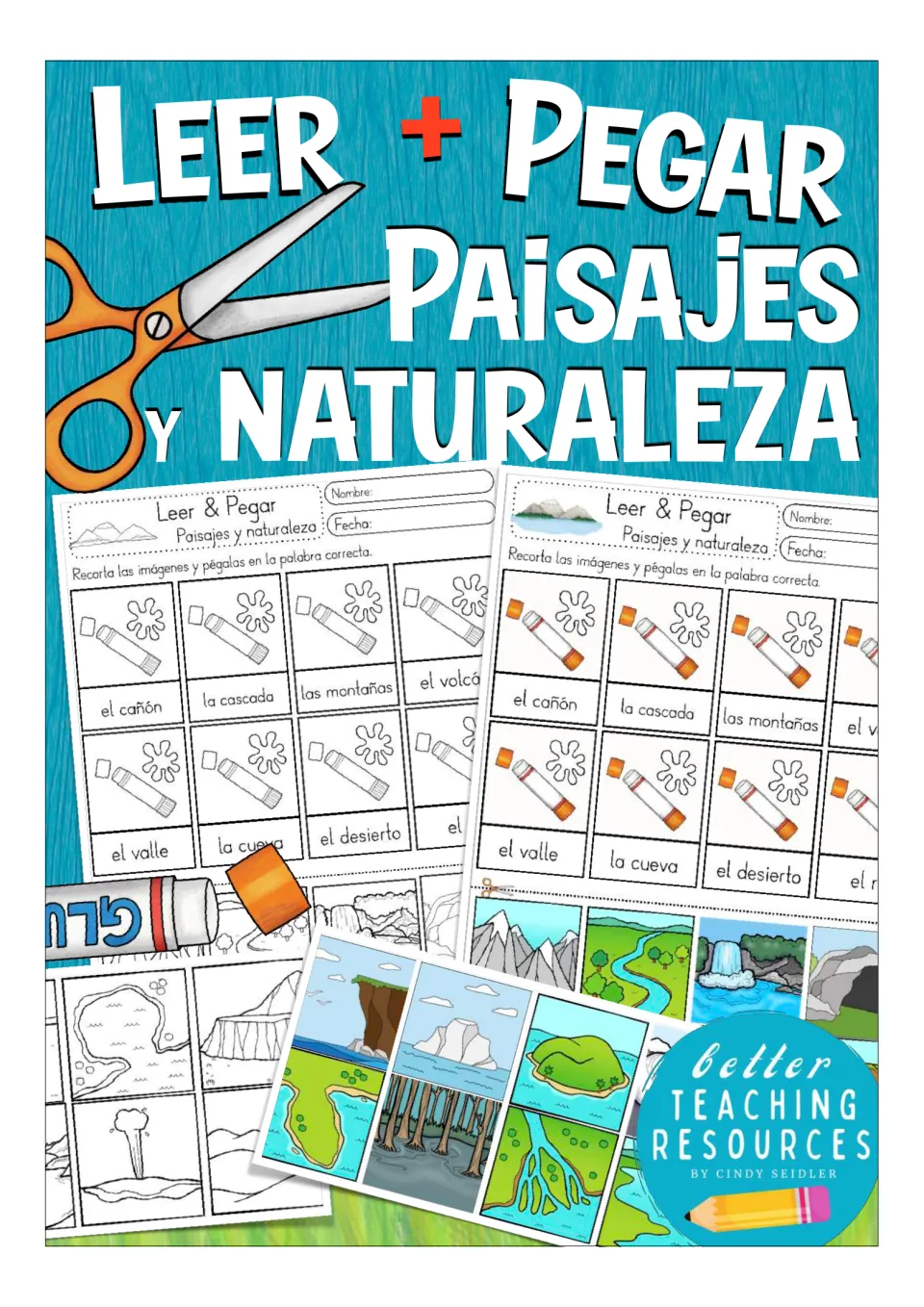 Cover of Leer + Pegar Paisajes y Naturaleza, a Spanish landscape and nature cut-and-paste vocabulary resource