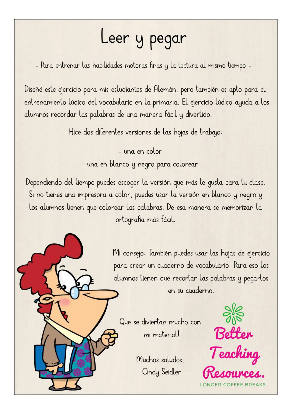 Teacher instructions for Spanish vocabulary matching, color and black-and-white versions, and vocabulary notebooks