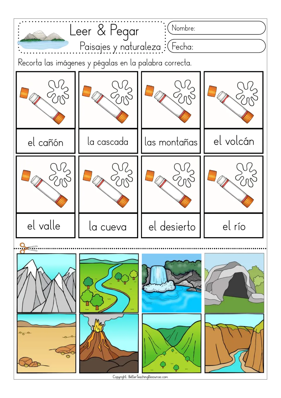 Color matching sheet 1: el cañón (canyon), la cascada (waterfall), las montañas (mountains), and five more