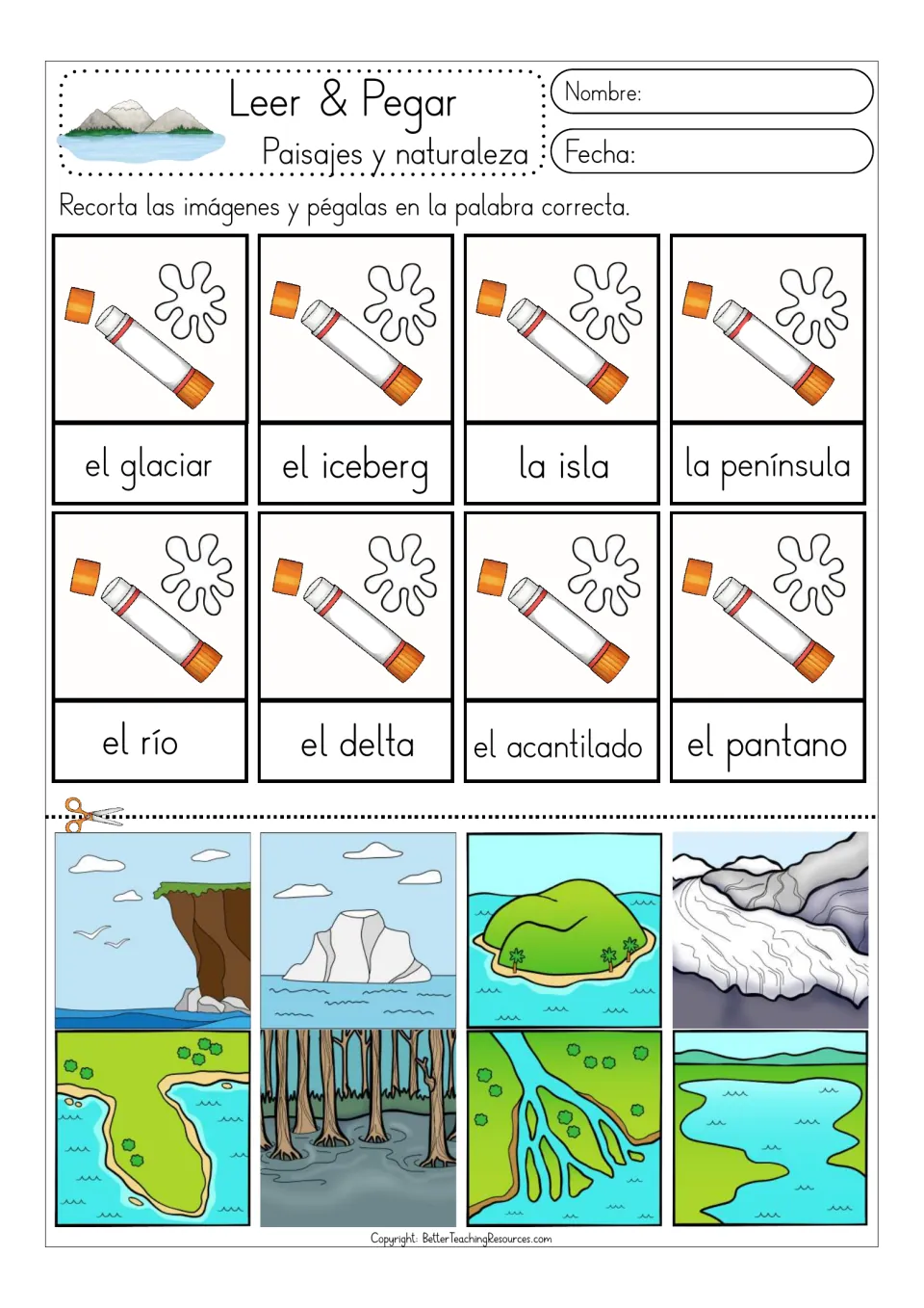 Color matching sheet 2: el glaciar (glacier), el iceberg (iceberg), la isla (island), and five more