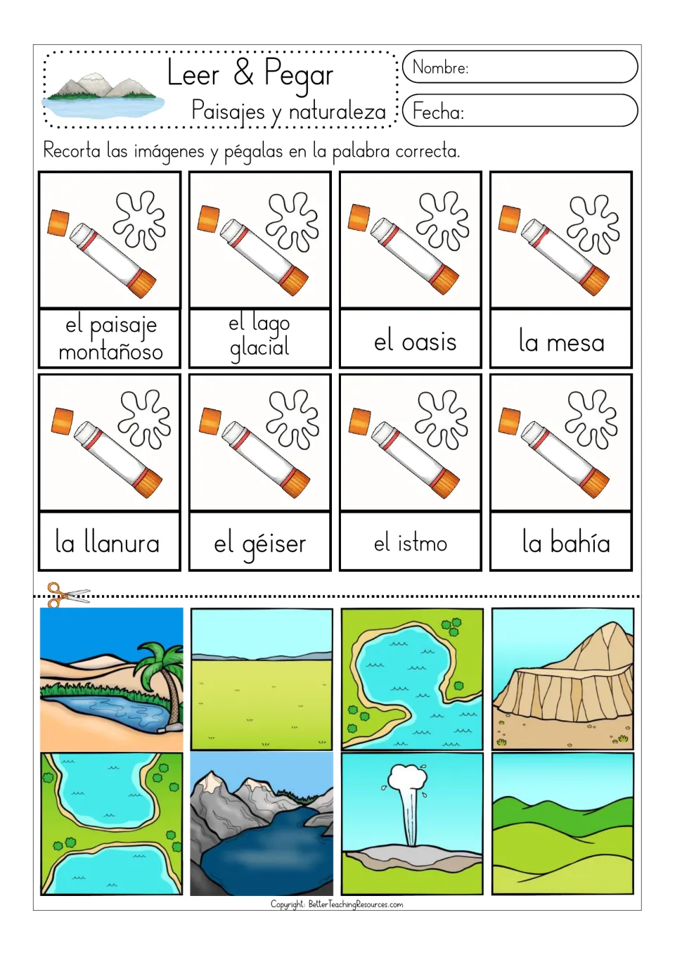 Color matching sheet 3: el oasis (oasis), la llanura (plain), el géiser (geyser), and five more