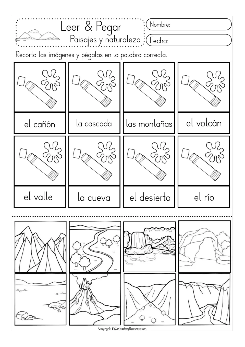 Black-and-white matching sheet 1: el cañón (canyon), la cascada (waterfall), and six more, with cutout pictures