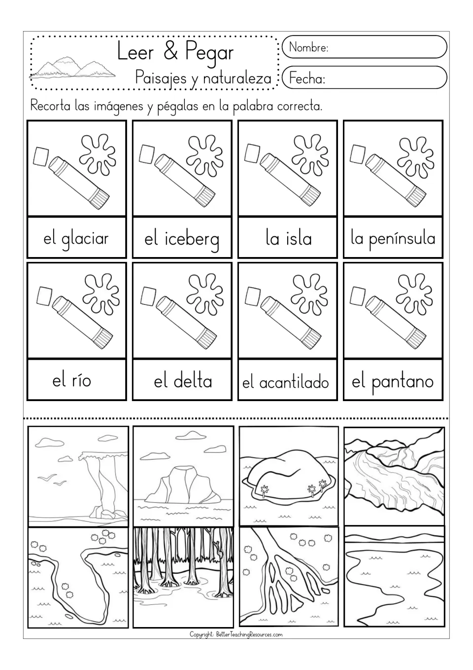 Black-and-white matching sheet 2: el glaciar (glacier), la isla (island), and six more, with cutout pictures