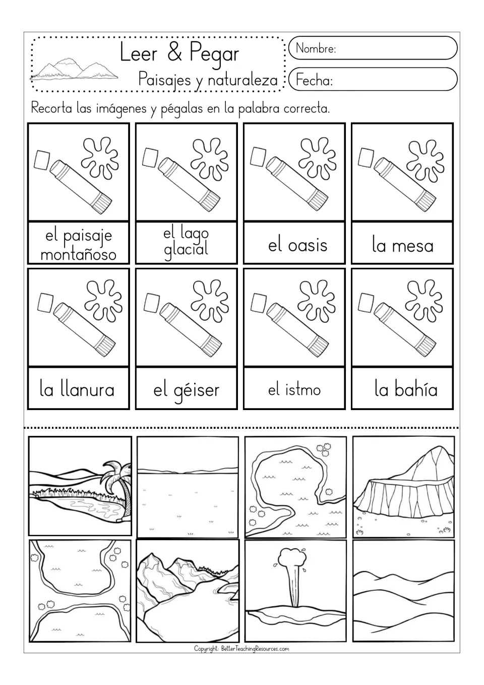 Black-and-white matching sheet 3: el oasis (oasis), el géiser (geyser), and six more, with cutout pictures