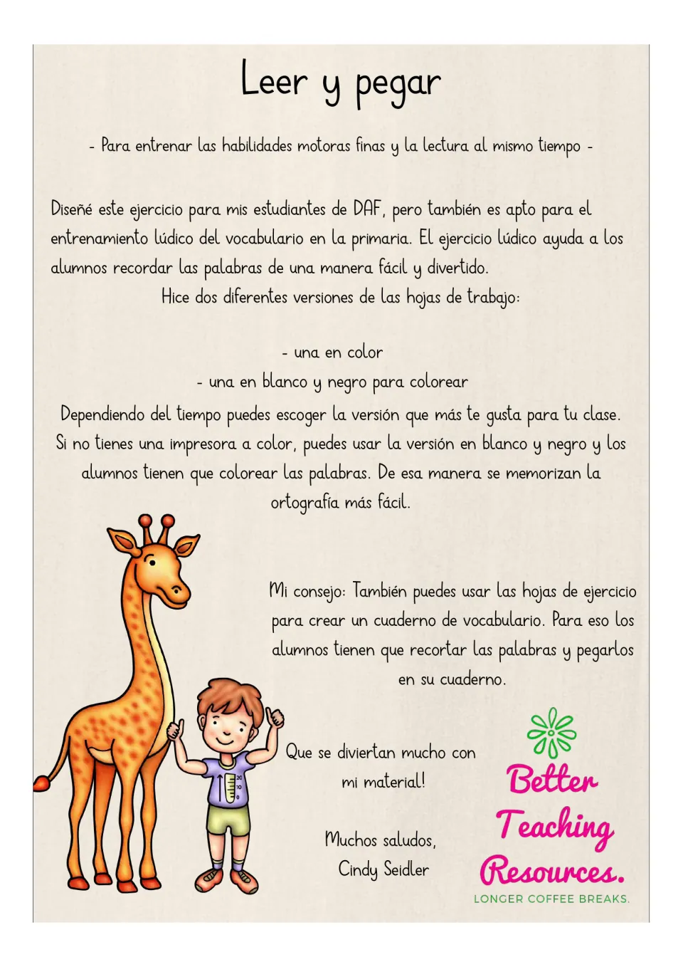 Teacher directions for Spanish vocabulary practice explain color and black-and-white sheets and notebook use