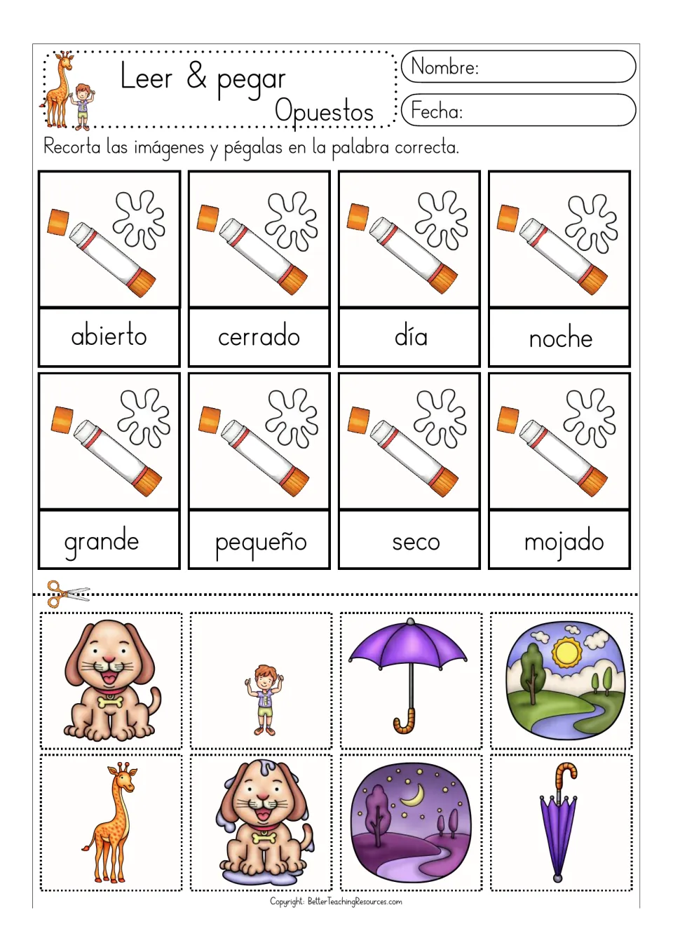Color opposites matching sheet: abierto/cerrado (open/closed), día/noche (day/night), big/small and dry/wet