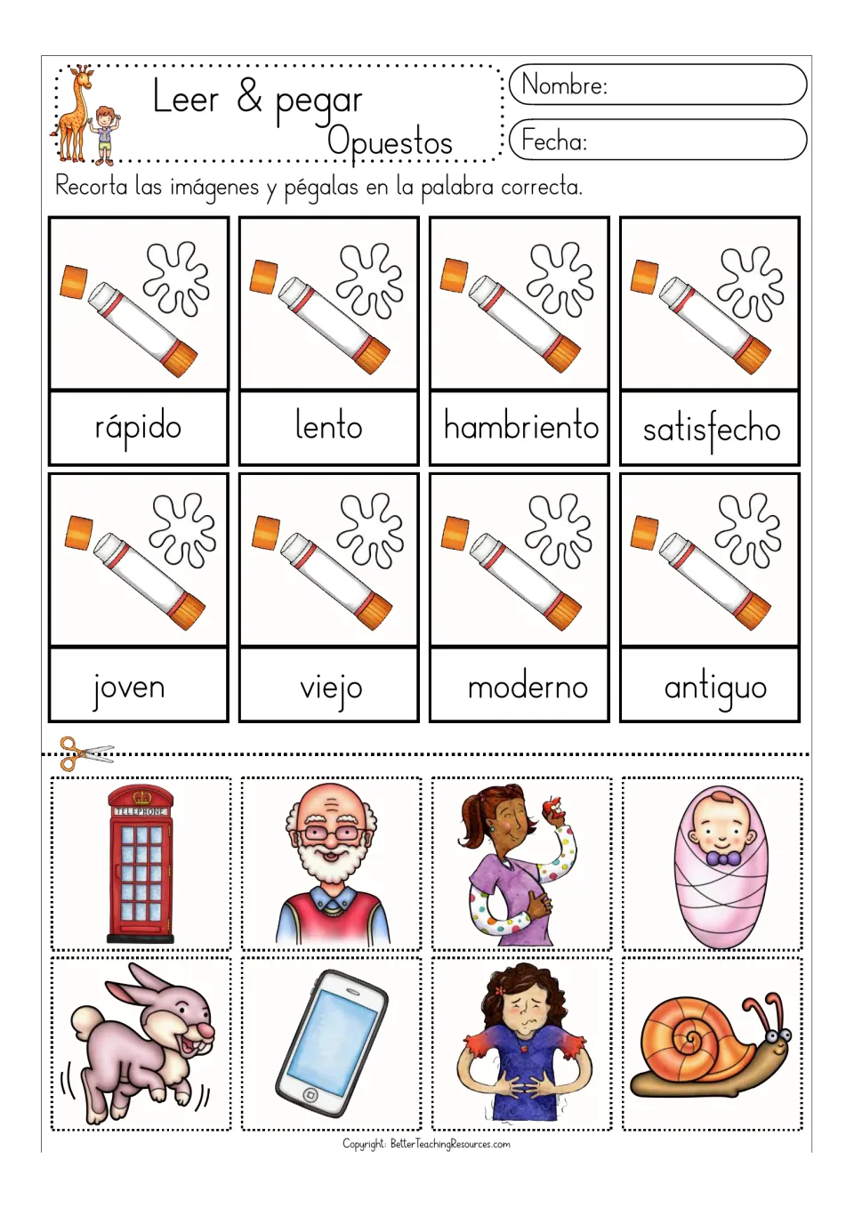 Color opposites matching sheet: rápido/lento (fast/slow), hungry/satisfied, young/old and modern/old-fashioned