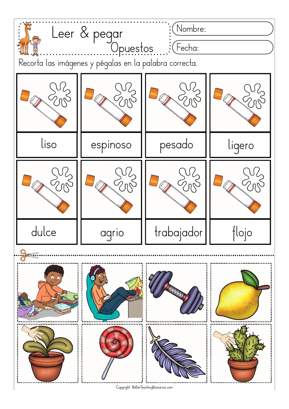 Color opposites matching sheet: liso/espinoso (smooth/prickly), heavy/light, sweet/sour and hardworking/lazy