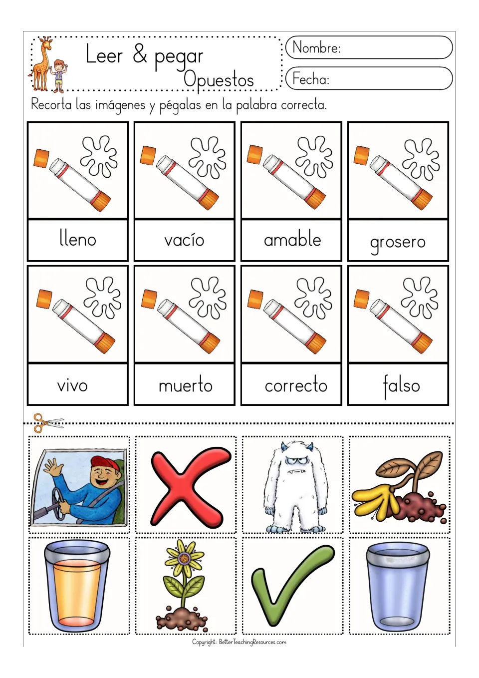 Color opposites matching sheet: lleno/vacío (full/empty), kind/rude, alive/dead and correct/false
