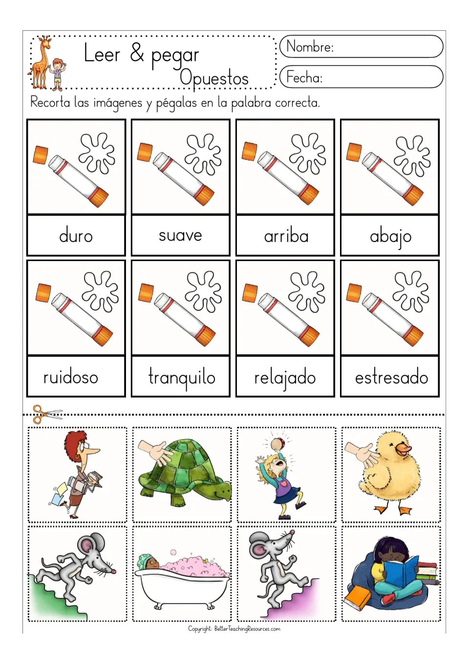Color opposites matching sheet: duro/suave (hard/soft), up/down, noisy/quiet and relaxed/stressed