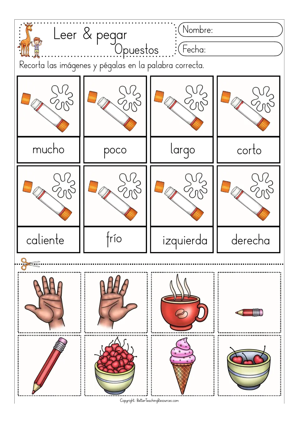 Color opposites matching sheet: mucho/poco (much/little), long/short, hot/cold and left/right