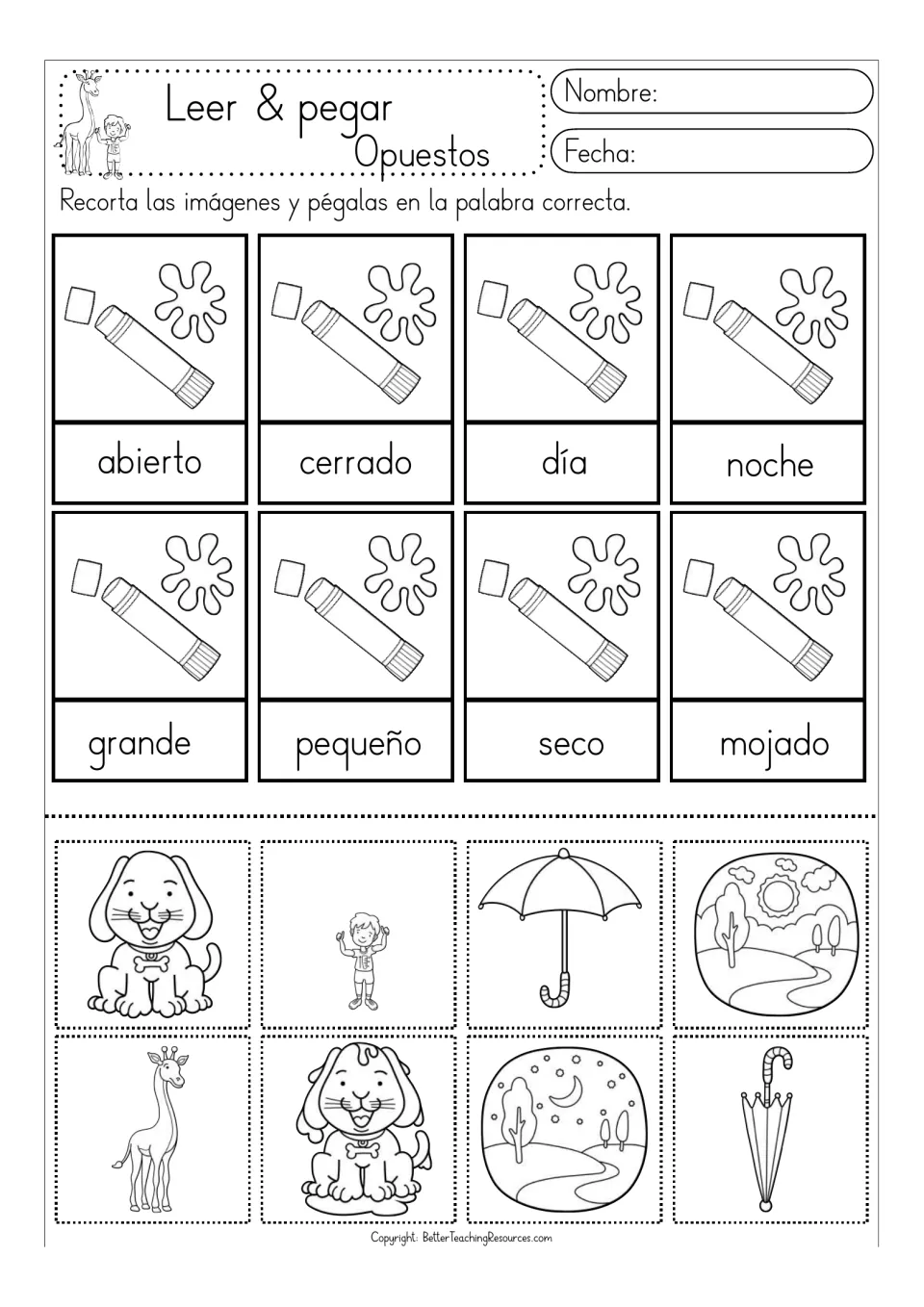 Black-and-white opposites sheet: abierto/cerrado (open/closed), day/night, big/small and dry/wet