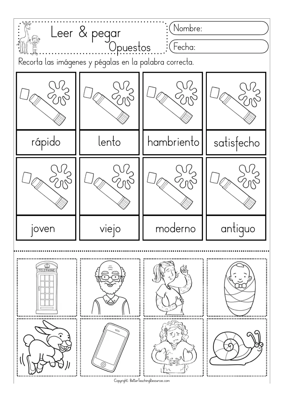 Black-and-white opposites sheet: rápido/lento (fast/slow), hungry/satisfied, young/old and modern/old-fashioned