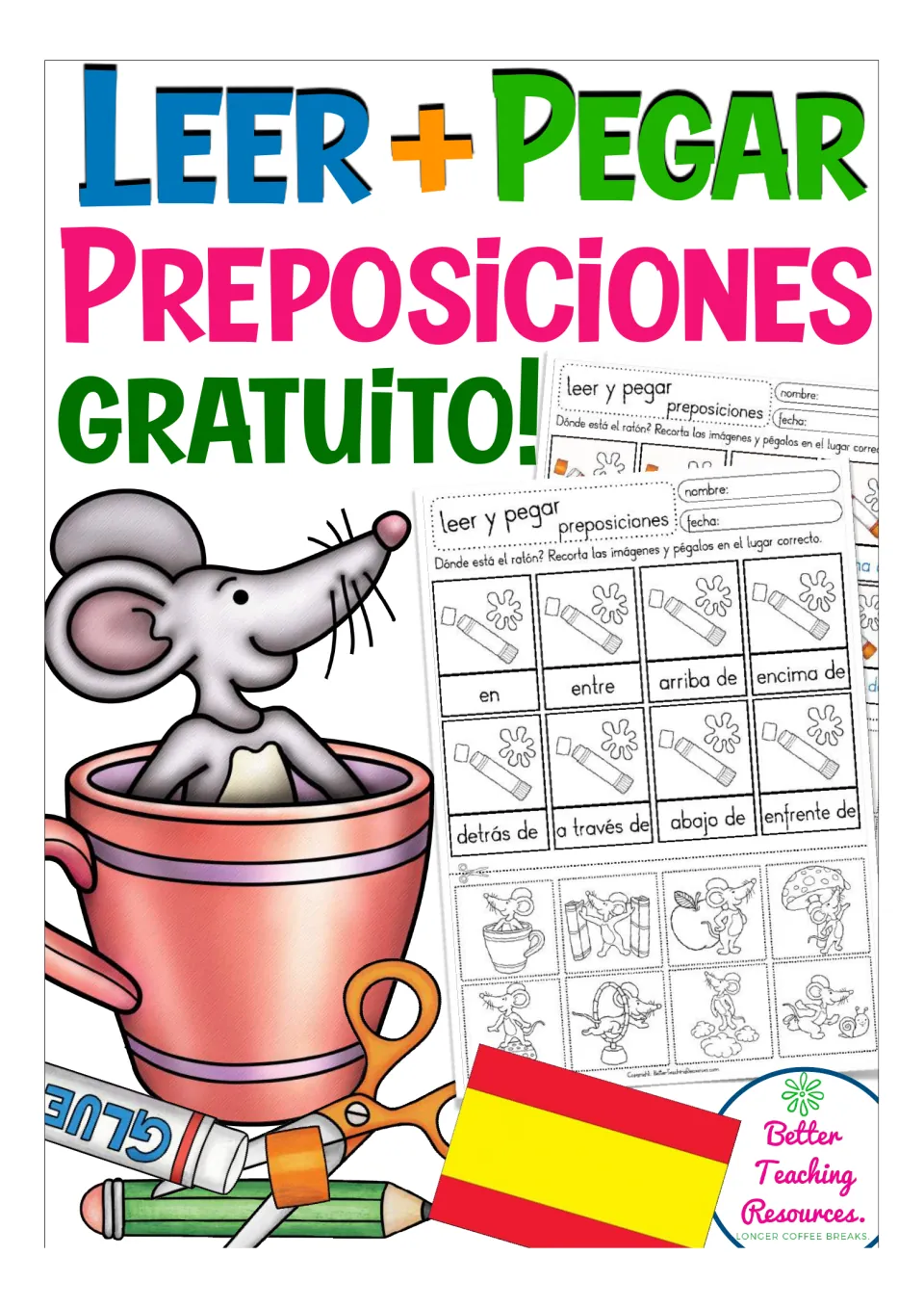 Leer + Pegar Preposiciones cover: a mouse in a cup beside a preview of the Spanish cut-and-paste preposition sheet
