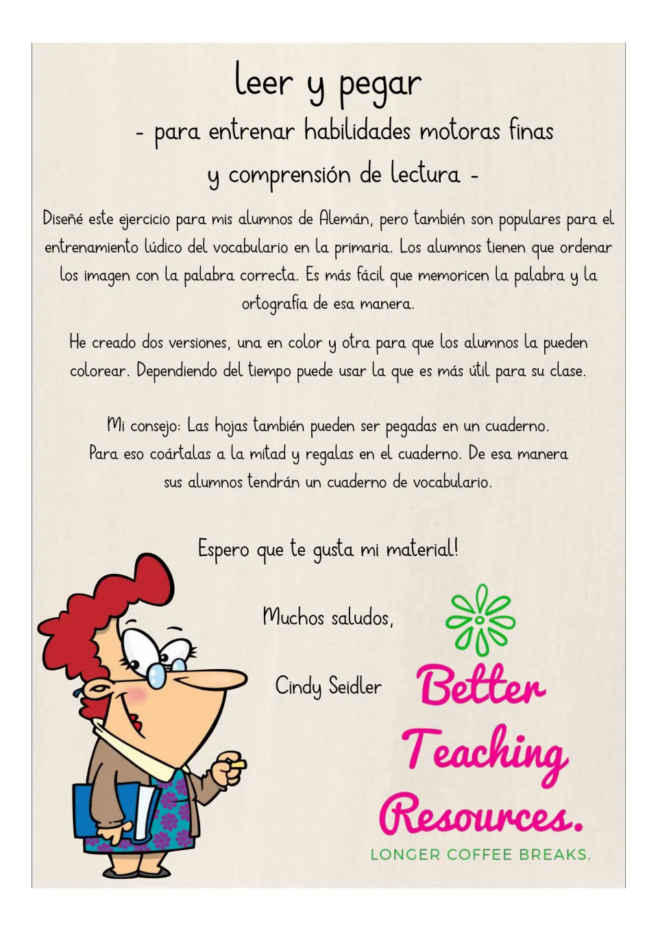 Spanish teacher note on leer y pegar: students match pictures to the right word; color and coloring versions offered