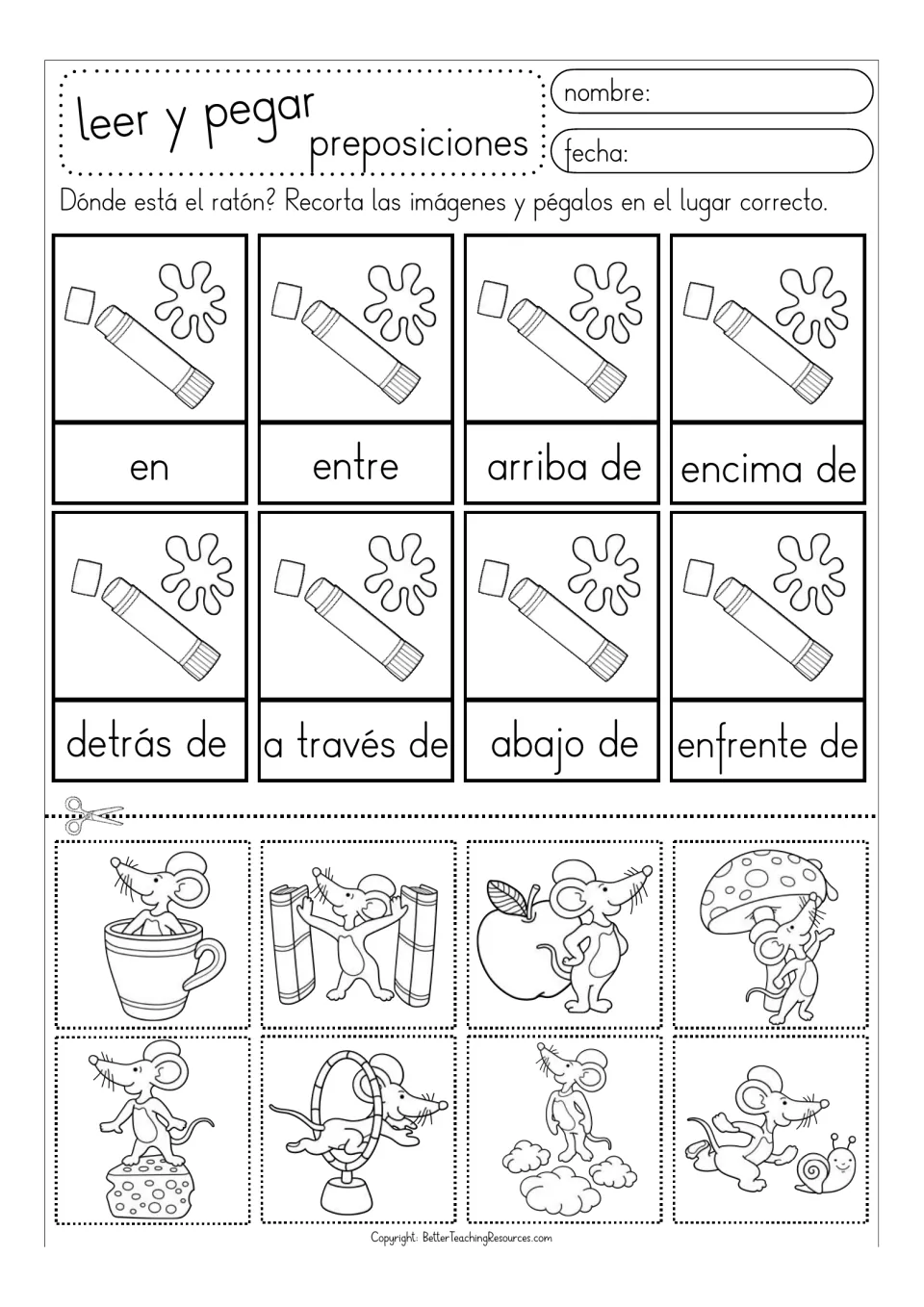 Black-and-white Spanish prepositions sheet: students cut out 8 mouse scenes, color them and paste each above its word