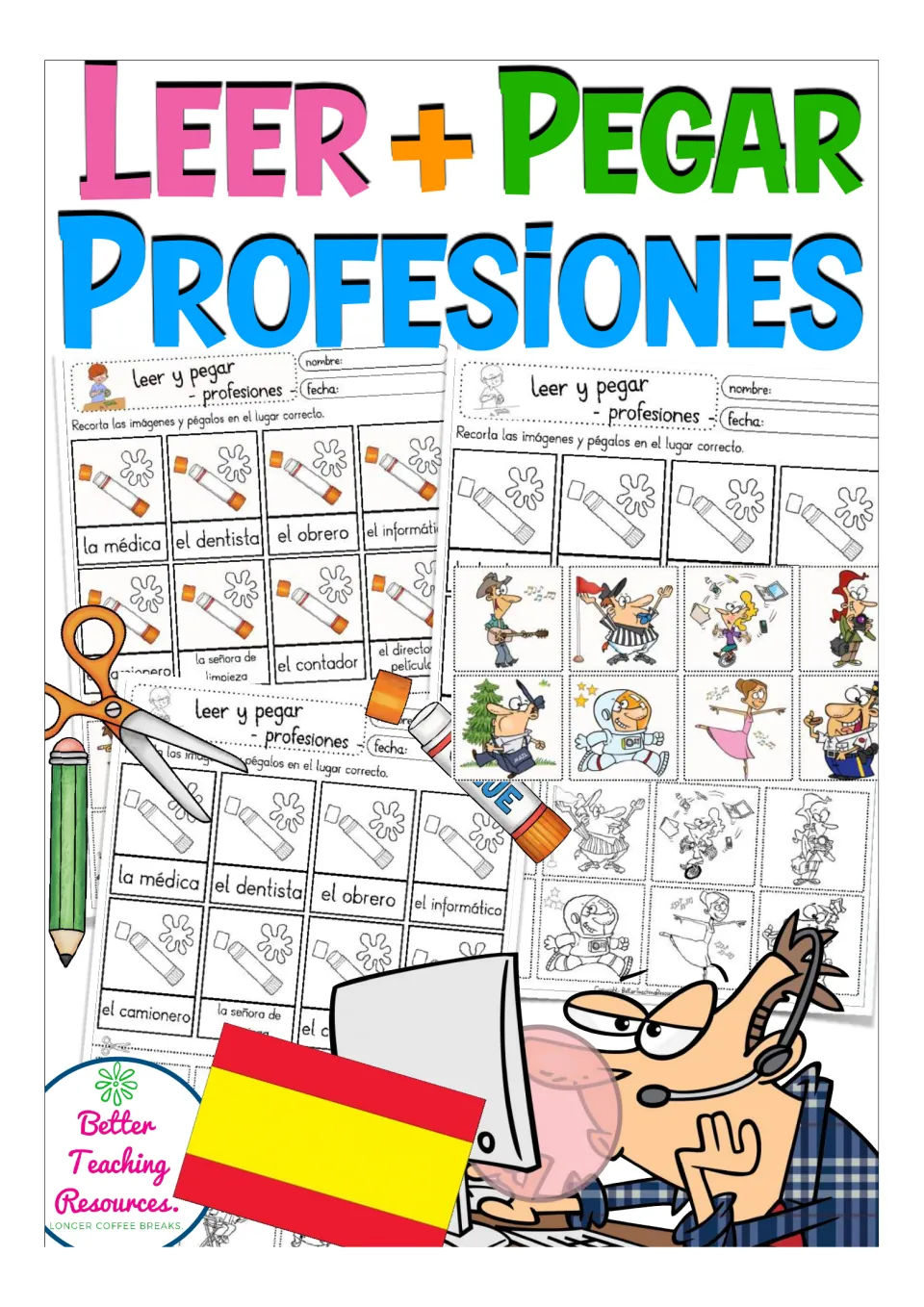 Cover of the Spanish professions cut-and-paste resource, titled 'Leer + Pegar Profesiones'.