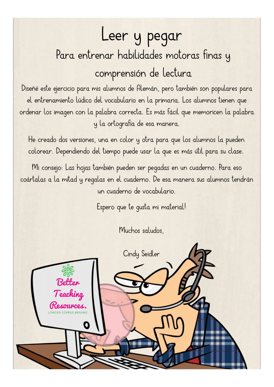 Teacher instructions for matching pictures to Spanish words, choosing color versions, and using notebooks.