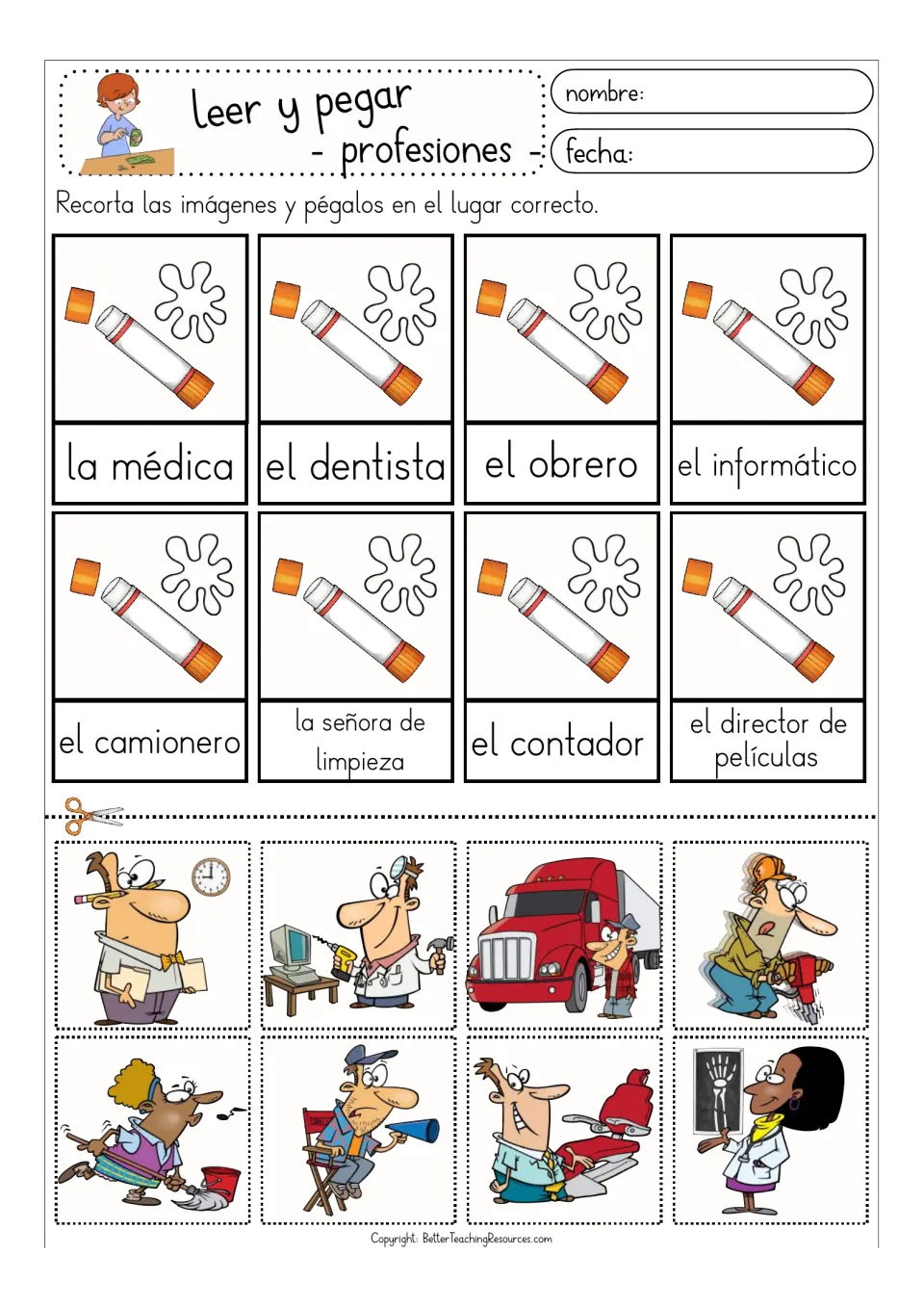 Color matching sheet for eight Spanish professions: la médica (doctor), el dentista (dentist), and six more.