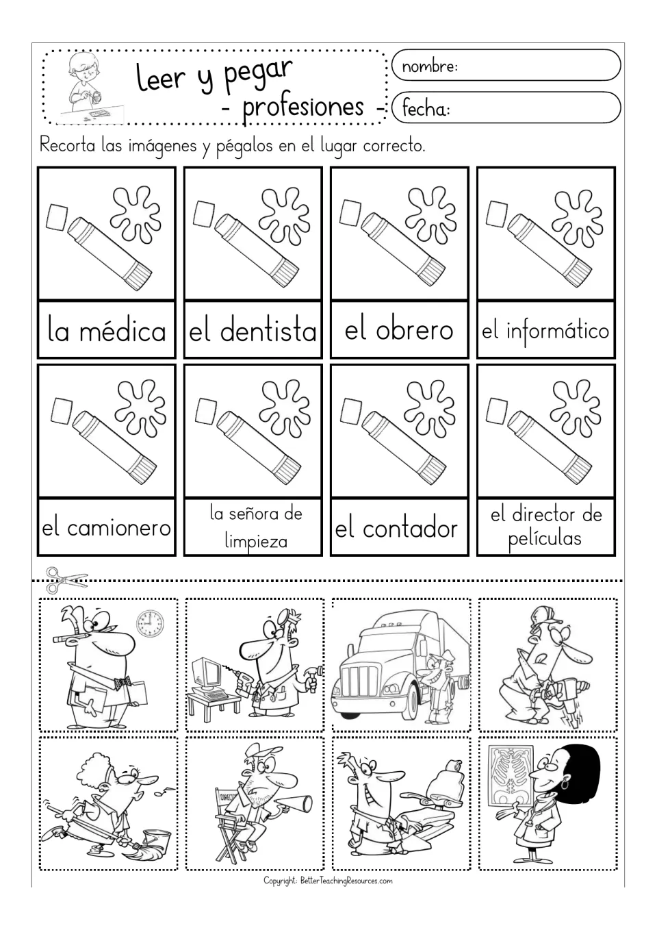 Black-and-white matching sheet for eight Spanish professions, including el obrero (worker) and la médica (doctor).