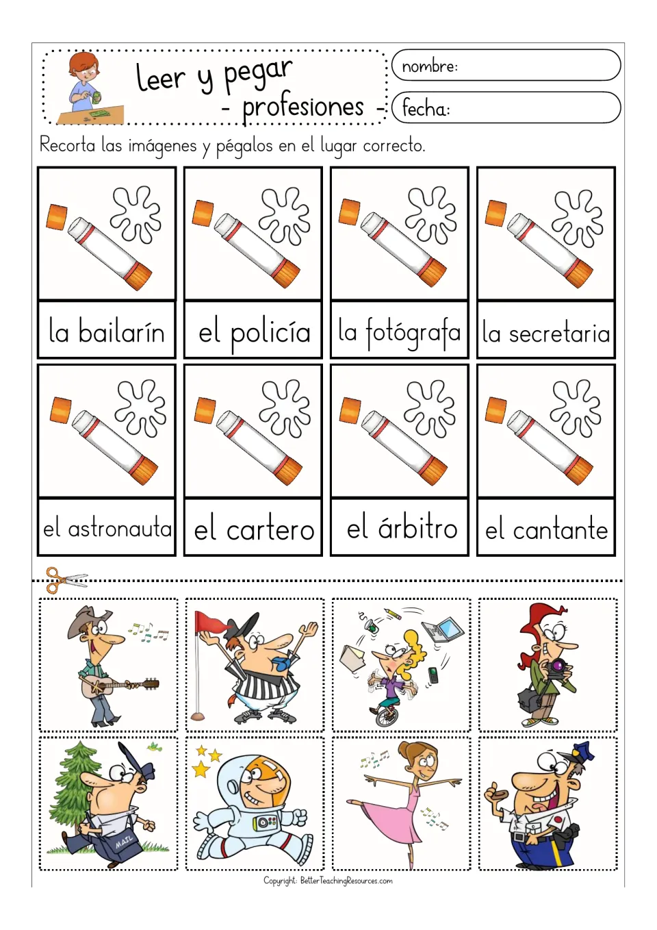 Color matching sheet for eight more Spanish professions: el policía (police officer), el cartero (mail carrier).