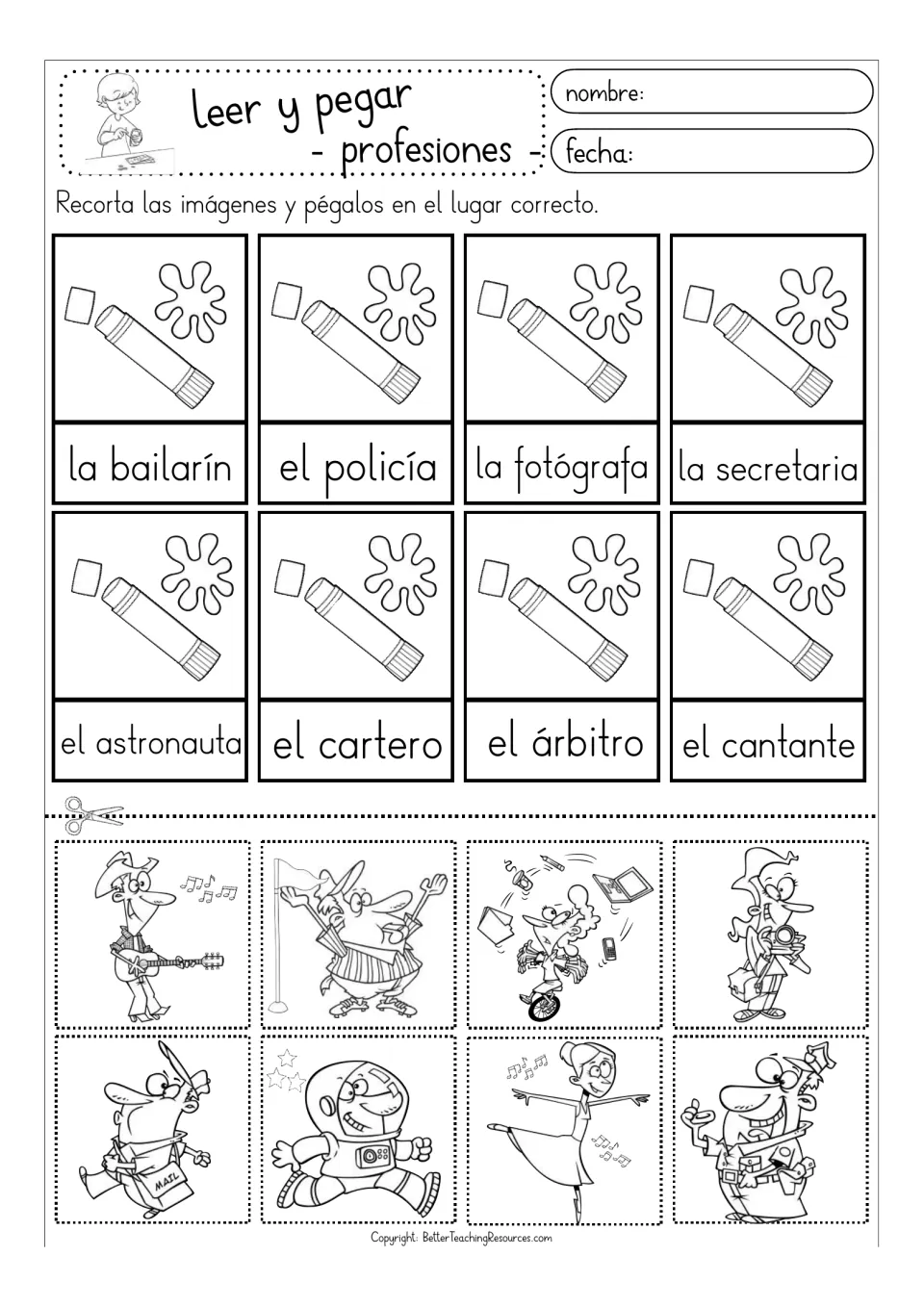 Black-and-white matching sheet for eight more Spanish professions, including la fotógrafa (photographer).