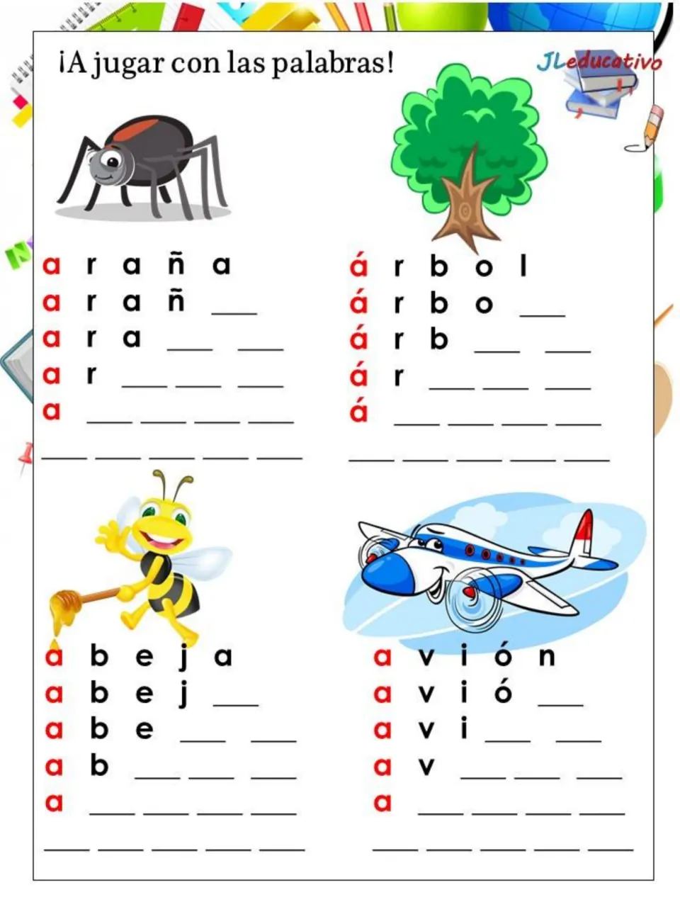 Vowel A word building: students rebuild araña, árbol, abeja and avión, filling one more blank on each row below the picture