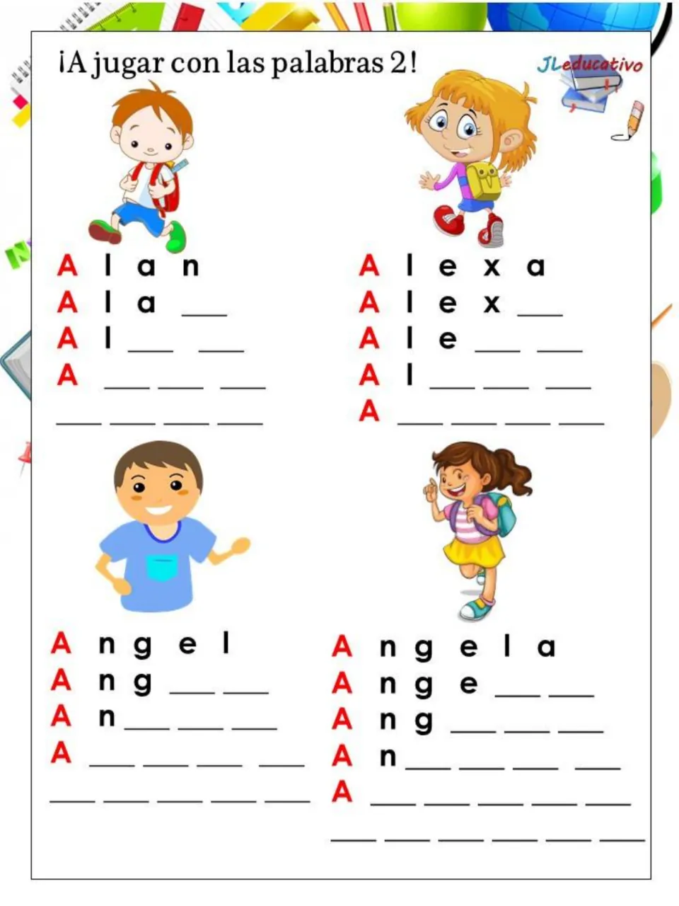 Vowel A names: students rebuild Alan, Alexa, Angel and Angela as each row hides one more letter, then write the full name