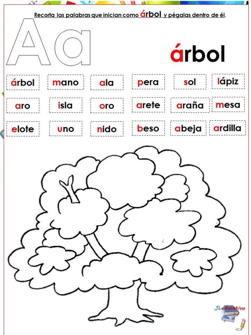 Vowel A sort: students cut out word cards and glue the ones starting like árbol, such as ala, aro and ardilla, in the tree